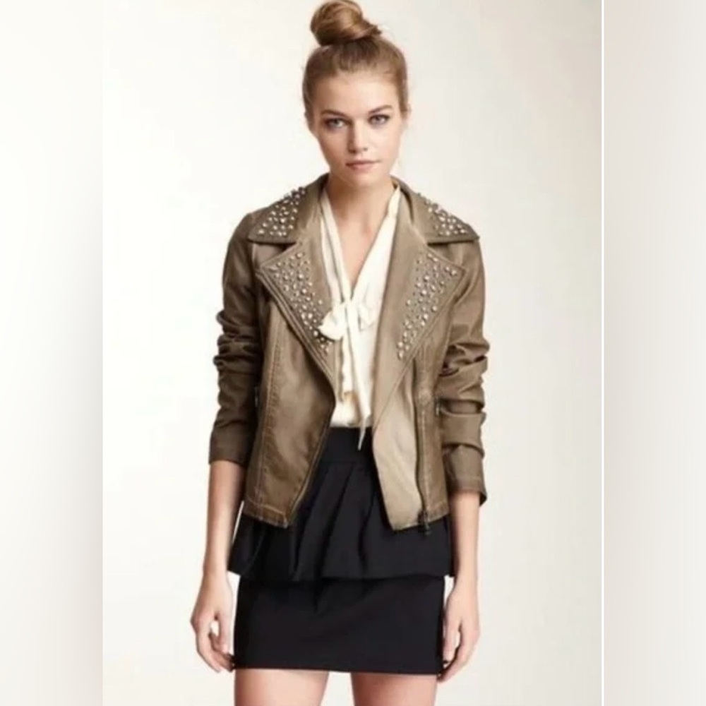 Sam Edelman Studded Distressed Tan/Brown Moto Jacket With Leopard Print Lining